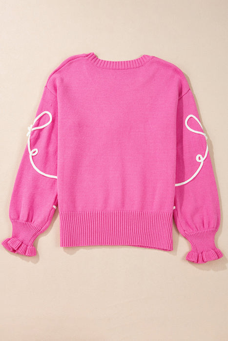 Corded Flower Bow Ribbed Trim Casual Sweater