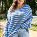 Sky Blue Stripe 3X Elle Drop Shoulder O PLUS Sweater