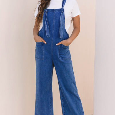 Elodie Knotted Strap Wide Leg Denim Overalls
