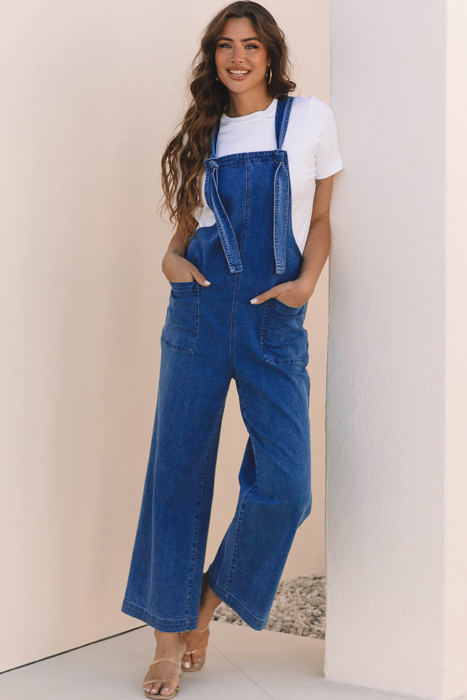 Elodie Knotted Strap Wide Leg Denim Overalls