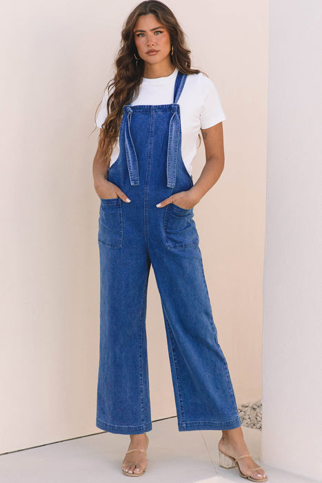Elodie Knotted Strap Wide Leg Denim Overalls