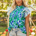  Elsa Floral Lace Trim Ruffle Sleeve Pleated Loose Blouse