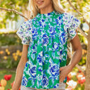  Elsa Floral Lace Trim Ruffle Sleeve Pleated Loose Blouse