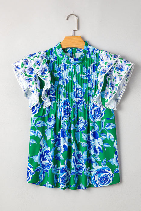 Elsa Floral Lace Trim Ruffle Sleeve Pleated Loose Blouse