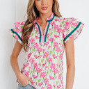 Pink Large Elyse Ruffled Short Sleeve Blouse
