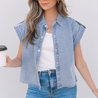 Emelia Denim Pinup Folded Cap Sleeve Shirt