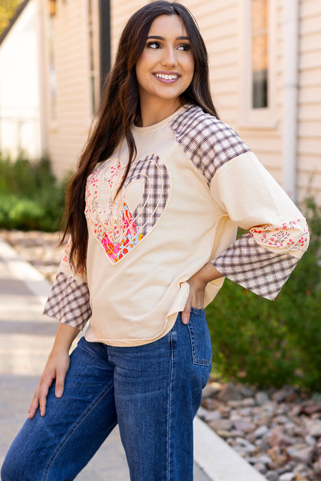 Emilia Plaid Floral Peace Heart Long Sleeve Top