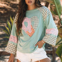 Clearly Aqua Large Emilia Plaid Floral Peace Heart Long Sleeve Top