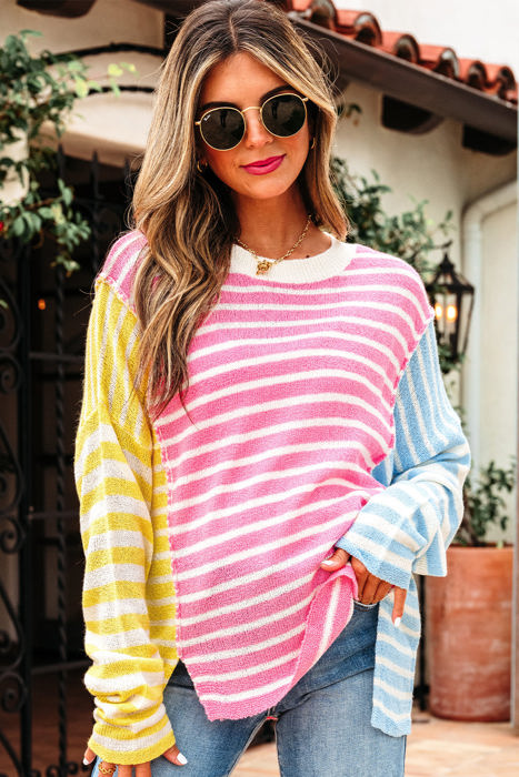 Esther Striped Patchwork Dolman Sleeve Slit Sweater
