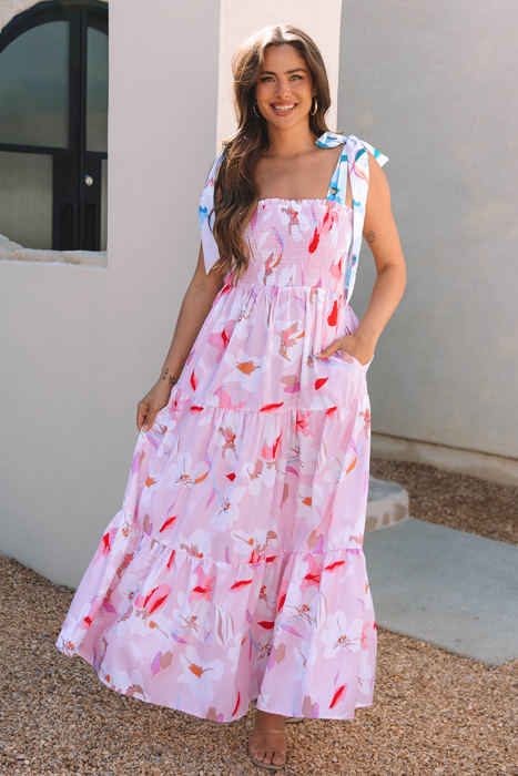 Flora Floral Knotted Shoulder Smocked Maxi Dress