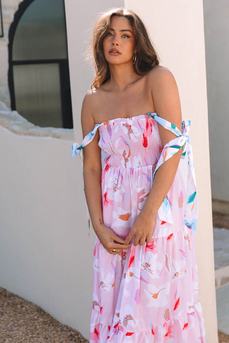 Flora Floral Knotted Shoulder Smocked Maxi Dress