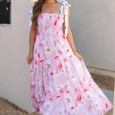 Pink Small Flora Floral Knotted Shoulder Smocked Maxi Dress