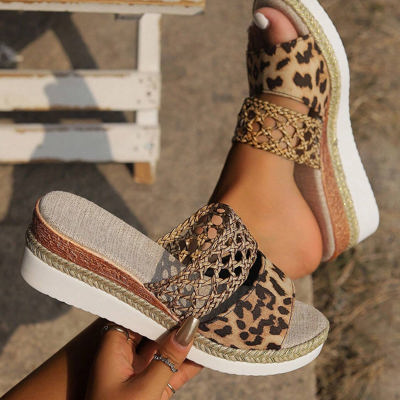Floral Print Braided Details Wedge Slippers