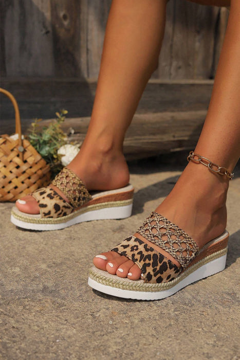 Floral Print Braided Details Wedge Slippers