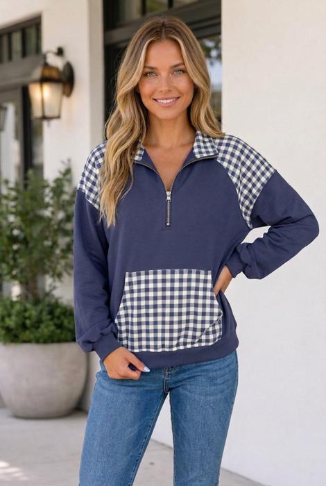 Franceskah Plaid Quarter Zip Sweatshirt