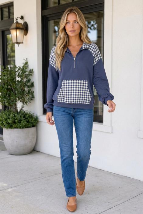 Franceskah Plaid Quarter Zip Sweatshirt