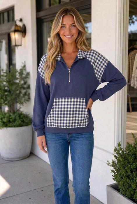 Franceskah Plaid Quarter Zip Sweatshirt