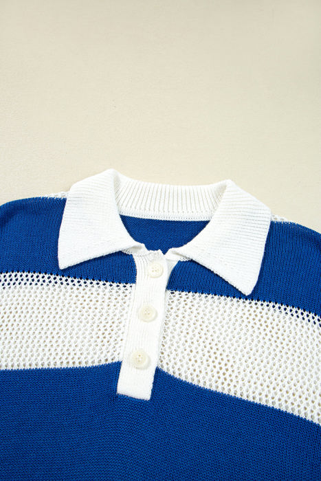 Genevieve Stripe Collar Eyelet Crochet Knitted Sweater