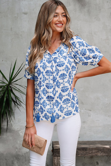 Grace Geometric Tassel Drawstring V Neck Blouse