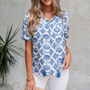  Grace Geometric Tassel Drawstring V Neck Blouse