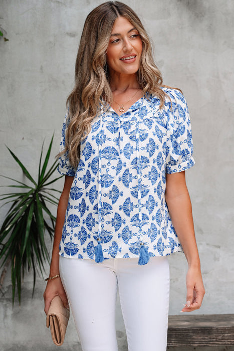 Grace Geometric Tassel Drawstring V Neck Blouse