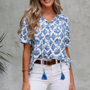 Sky Blue XL Grace Geometric Tassel Drawstring V Neck Blouse