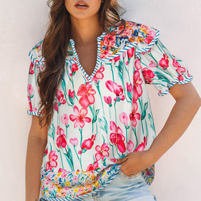 Greta Floral Split Neck Short Sleeve Blouse