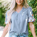 Beau Blue Small Hadlee Floral Embroidered Puff Sleeve Split Neck Blouse