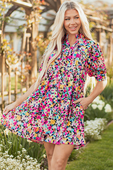 Hadlee Floral Puff Short Sleeve V Neck Mini Dress