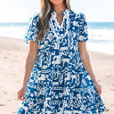 Blue Small Halle Ricrac Trim Split Neck Floral Loose Dress