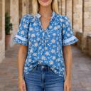 Blue Large Hana Detail Short Sleeve Blouse