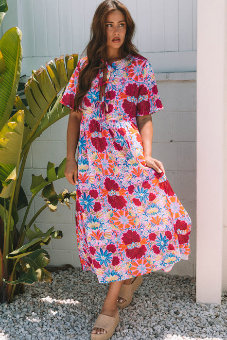 Hannah Floral Tied Front High Waist Long Dress