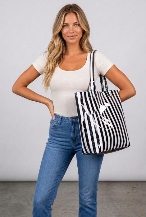 Harbor Glossy Stripe Vinyl Tote - Black