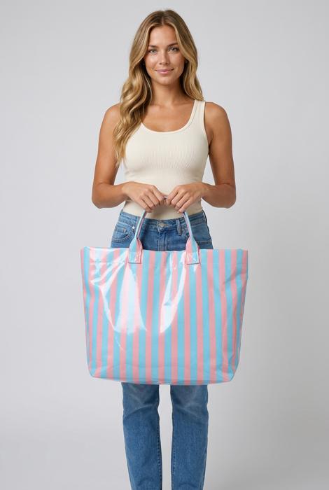Harbor Glossy Stripe Vinyl Tote - Baby Blue & Pink