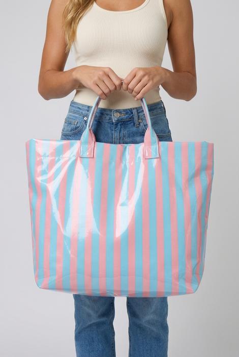Harbor Glossy Stripe Vinyl Tote - Baby Blue & Pink