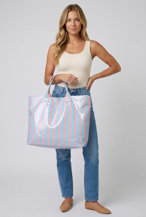 Harbor Glossy Stripe Vinyl Tote - Baby Blue & Pink