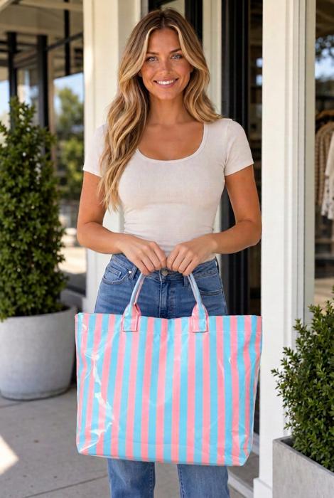 Harbor Glossy Stripe Vinyl Tote - Baby Blue & Pink