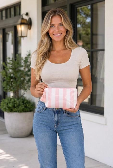 Harbor Stripe Tassel Makeup Bag - Light Pink
