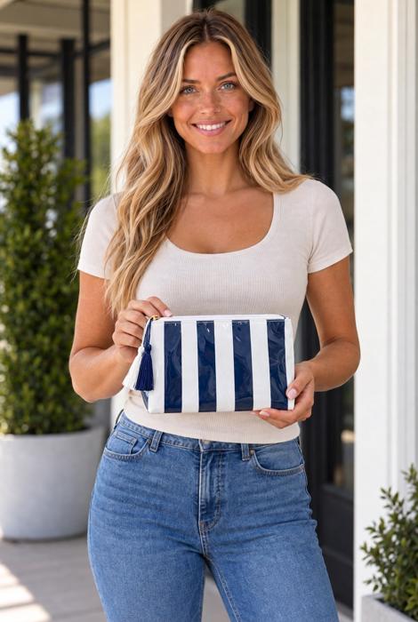 Harbor Stripe Tassel Makeup Bag - Navy Blue