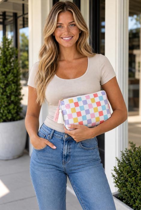 Harbor Stripe Tassel Makeup Bag - Pastel Checkered