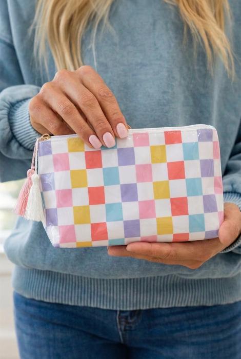 Harbor Stripe Tassel Makeup Bag - Pastel Checkered
