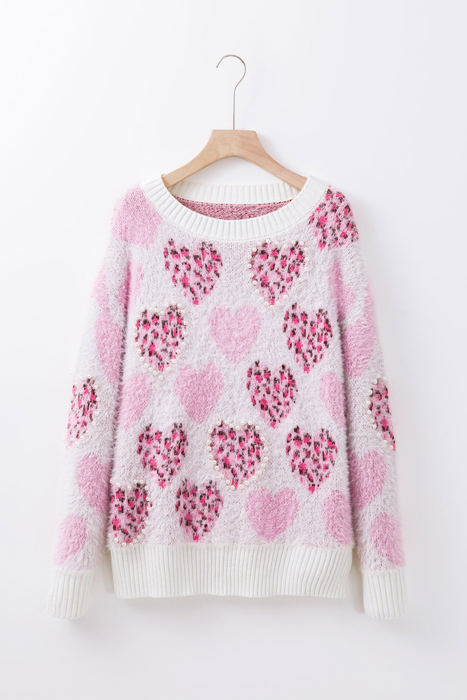 Heart Leopard Pearled Fuzzy Sweater