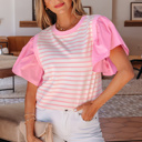 Pink Stripe Small Hope Short Sleeve Patchwork Blouse