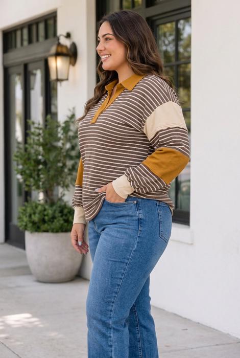 Isabella Colorblock Detail Collar Long Sleeve PLUS Top