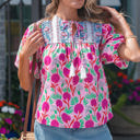  Jade Patchwork Tassel Tie Blouse