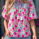  Jade Patchwork Tassel Tie Blouse
