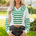 Green Stripe Small Janelle Collared Cropped Knit Pullover