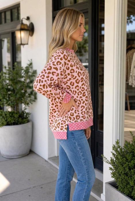 Jenny Dot Colorblock Trim Long Sleeve Top
