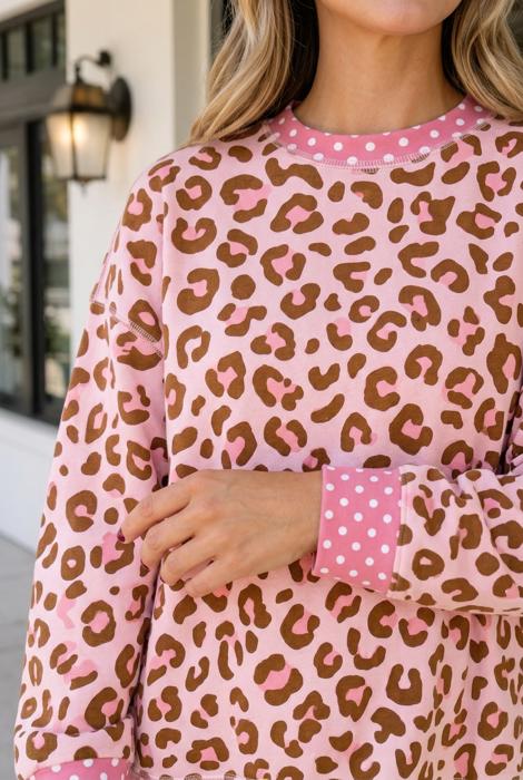 Jenny Dot Colorblock Trim Long Sleeve Top