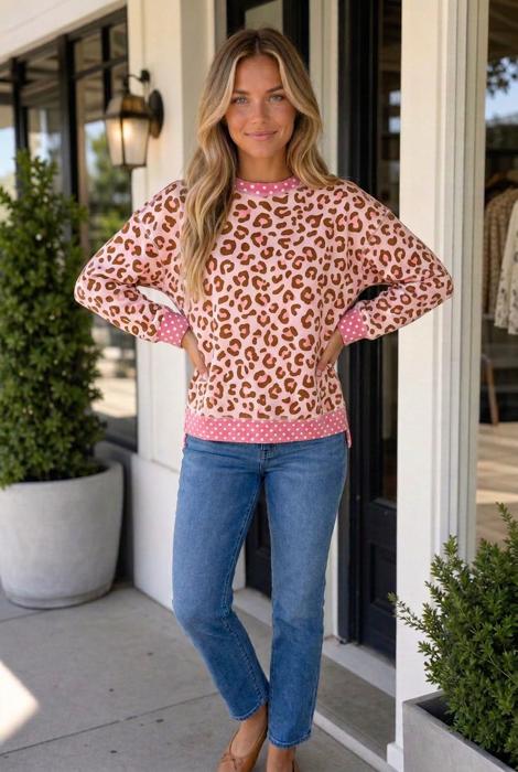 Jenny Dot Colorblock Trim Long Sleeve Top